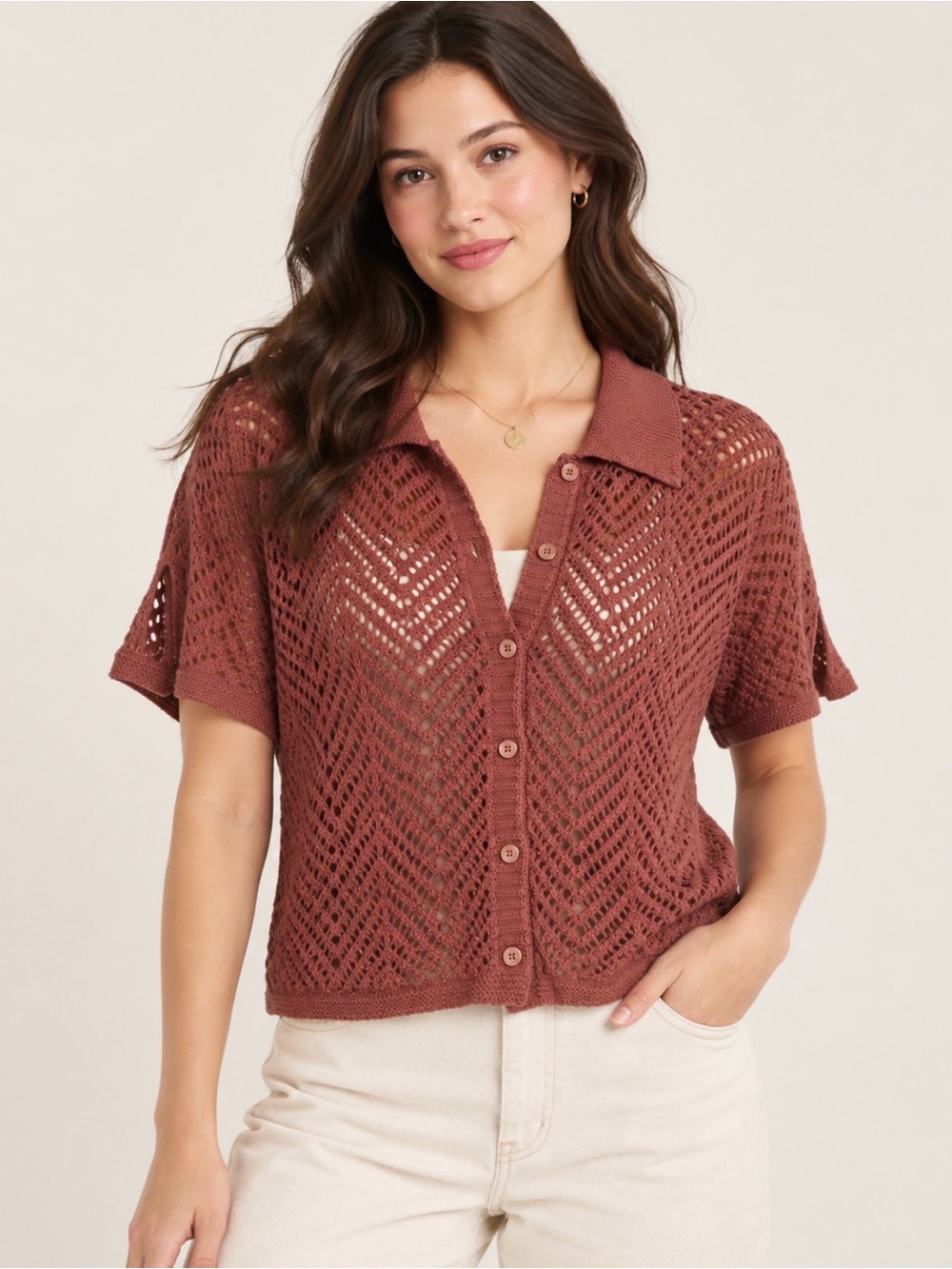 Wild Fable Rust Open Knit Collared Button Front Sweater Top Metallic Shimmer
